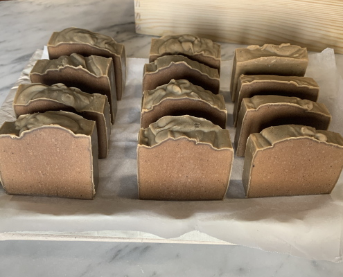 twelve home made Coffee soap bars in rows